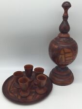 Vintage Boho Hand Carved Wooden Decanter Set with Tray Floral Design picture