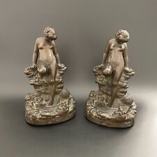 Pair Antique KBW Bronze Clad Admiration Lady Pond Frog Book Rocks Bookends, 1914 picture
