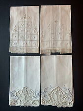 4 Antique White Linen FINGERTIP TOWELS Embroidered, Open Weave, Cut-Work, Lace picture