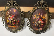 VINTAGE SET ANTIQUE OVAL BRASS PICTURE FRAMES w/ FLOWERS MADE IN ITALY picture
