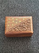 Vintage Wooden Hand Carved  Trinket Box Brass Inlay Stars picture
