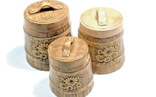 Vintage 1970s Set 3 Ceramic Canisters Kitchen Cookie Jars Cottage Rustic Tan picture