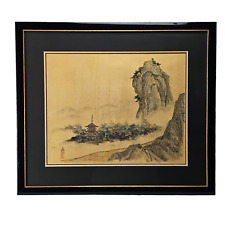 Vintage Chinese Silk Painted Landscape Black Gold Beautifully Framed picture