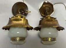 Vintage Pair of Lavery & Co Hanging Glass Ceiling Light Fixtures Metal Shades picture