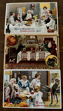 Set of 3 ~Families Enjoying Thanksgiving Dinner~Food~Turkeys~Postcards Lot~k138 picture