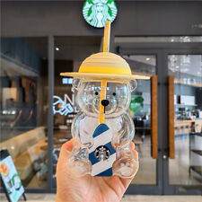 New Starbucks Korea 2022 Summer Yellow Hat Bear 473ml Glass Straw Cup Tumbler~ picture