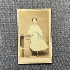 CDV Photo Antique Carte De Visite Portrait Girl in White Dress Hand Tinted RI picture