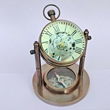Antique Brass Desk Clock Marine Compass Mechanical Table top Decorative picture