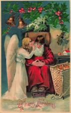 Santa Claus with Whispering Angel~Holly~Antique Embossed Christmas Postcard~h734 picture