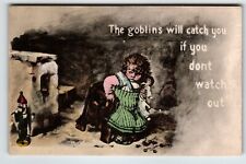 Halloween Postcard The Goblins Will Catch You Girl Doll Nutcracker Bench 1909 picture