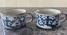 Vintage Otagiri Style Soup Mugs Stoneware Dogwood Set Of Two Blue Brown *Flaw* picture