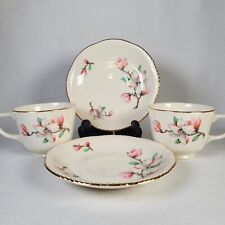Homer Laughlin Set of 2 Footed Teacups and Saucer Dogwood Made in USA Gold Trim picture