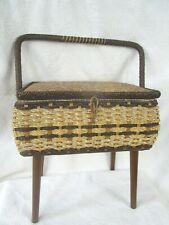 Vintage Singer textured woven sewing basket stand on legs w/ handle MCM Japan   picture
