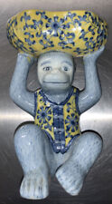 Chinoiserie Blue & Yellow Porcelain Monkey Holding Bowl Vintage Candy Soap Dish picture
