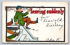 c1906 Leaving Suddenly ANTIQUE Comic Postcard Flag Cancellation, 1c picture