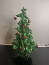 Green Glitter Metal Mesh Christmas Tree With Red Ball Ornaments Vintage picture