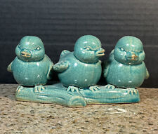 3 Ceramic BlueBirds on a branch Sunday Morning Chirping Birdsong 7” X 3“crackled picture