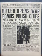 VINTAGE NEWSPAPER HEADLINE~ADOLPH HITLER STARTS WW2 BOMBS POLISH CITIES 1939 WAR picture