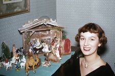 1950s 35mm Red Border Slide Kodachrome Pretty Woman Sitting by Manger Display picture