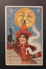 Mint USA Picture Postcard Halloween Red Witch Candle Living Moon Smoke Cat picture
