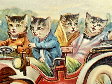 Cat Postcard Four Friends Ride in Old Convertible Car Enjoy Scenery Tips Hat picture
