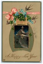 1910 New Year Flowers Shamrock Birds Houses Gel Gold Gilt Cumberland MD Postcard picture