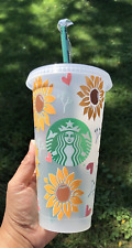 NEW HAND DESIGNED HAND MADE SUNFLOWER 24 OZ. REUSABLE STARBUCKS COLD CUP W/STRAW picture