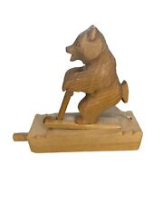 Vintage Russian Hand Carved Wood Toy Bear Riding A Scooter Moving Leg picture