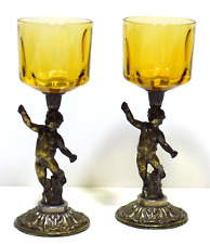 Vintage Brass Cherub Votive Candle Holder Amber Glass 8