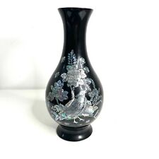 Vintage MCM Vase Black Lacquer Mother of Pearl Abalone Inlay Peacock Design 11