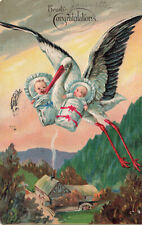 042722 VINTAGE BIRTH CONGRATULATIONS GREETINGS POSTCARD STORK WITH TWIN BABIES picture
