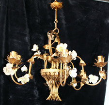 Vintage italian Metal golt gilt porcelain roses  basket Chandelier lamp picture