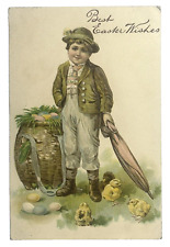 Easter PFB Postcard Children Boy Umbrella Green Coat Colored Eggs Nest Chicks picture