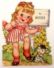 Unused Vtg 1947 Card Charles Christian Culp Mother's Day Girl Kitten Die Cut picture