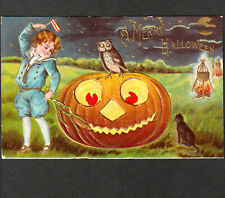 A Merry Halloween 1910 P Sanders SA2 Cauldron Fire Pumpkin Flag Owl Cat PostCard picture