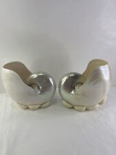 Pair (2) POLISHED WHITE PEARL NAUTILUS SEA SHELL BEACH DECOR WITH Shell Base picture
