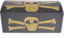 HAND CARVED WOOD SKULL PIRATE CROSS SKELETON TREASURE BOX CHEST picture