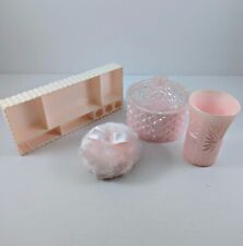 1960s Vintage Trelawney Pink Lucite Vanity Set Makeup Tray Brush Cup Powder Puff picture
