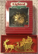 Vintage 1987 Hallmark Lighted Brass Ornament Snowflake & Santa Sleigh w/Reindeer picture