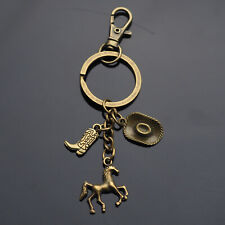 Cowboy Hat Boot Spur Horse Lucky Bronze 3-Charms Pendant Keychain with Clip Gift picture
