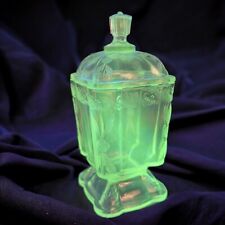 Antique Clear Candy Dish Footed Bowl W Lid Green UV Manganese 365nm Glowing UV picture