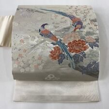 Nagoya Obi (Excellent) Flowers, Birds, Foil, Silver Thread, Gray And White, Pure picture