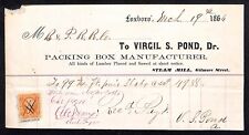 Foxboro, MASS 1866 Virgil S. Pond Packing Box Mfg. Billhead w/ Tax Stamp Scarce picture