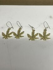 Set of 2 Vintage marijuana Leaf  Earrings Set Gold Colored Unused 1970's picture