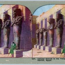 c1900s Karnak, Egypt Statues Temple of Ramese III Litho Photo Stereo Card V7 picture
