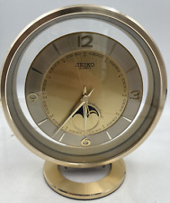 VTG SEIKO Moon Phase Round Mantle Desk Clock Made In Japan Gold Tone- Works picture