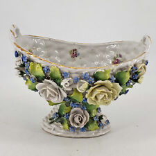 Vintage Basket Weave Porcelain Delicate Applied Flower small footed Candy Dish picture