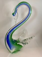 Glass Swan Figurine Long Neck Clear with Blue Green Collectible 10.5