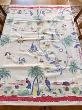 Vintage 1950s Souvenir Florida Tablecloth with Bold Graphics, Red Border, 45
