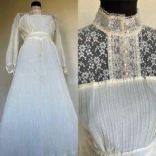 VTG 1960's Prairie Boho Gauze Lace Ruffle Flounce Pearls Bridal Long Dress Small picture